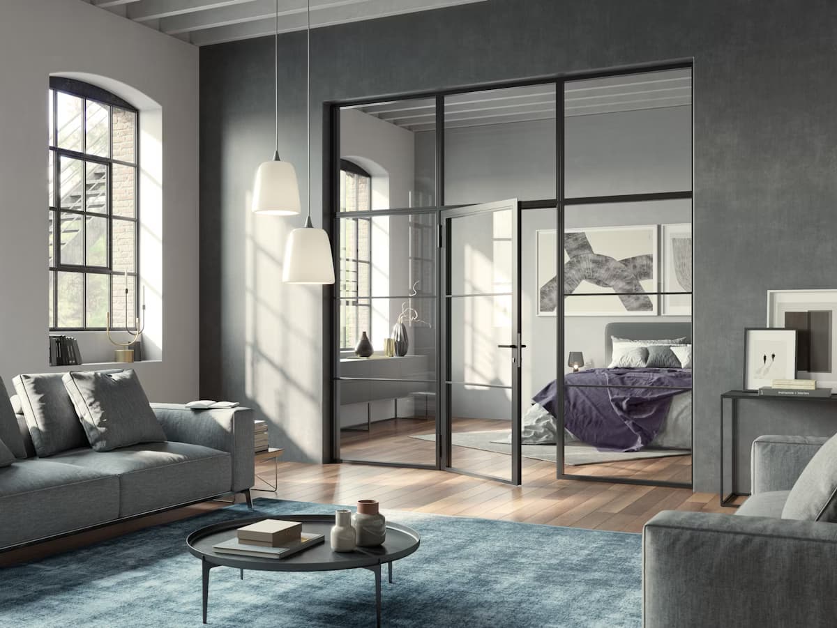 Loft style room door with glass elements