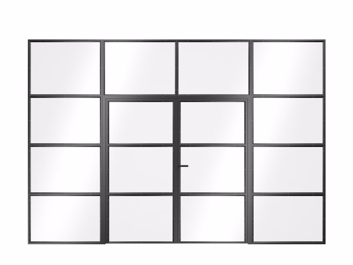 2-flying swing door with side panels and skylights and angle glass holding strips